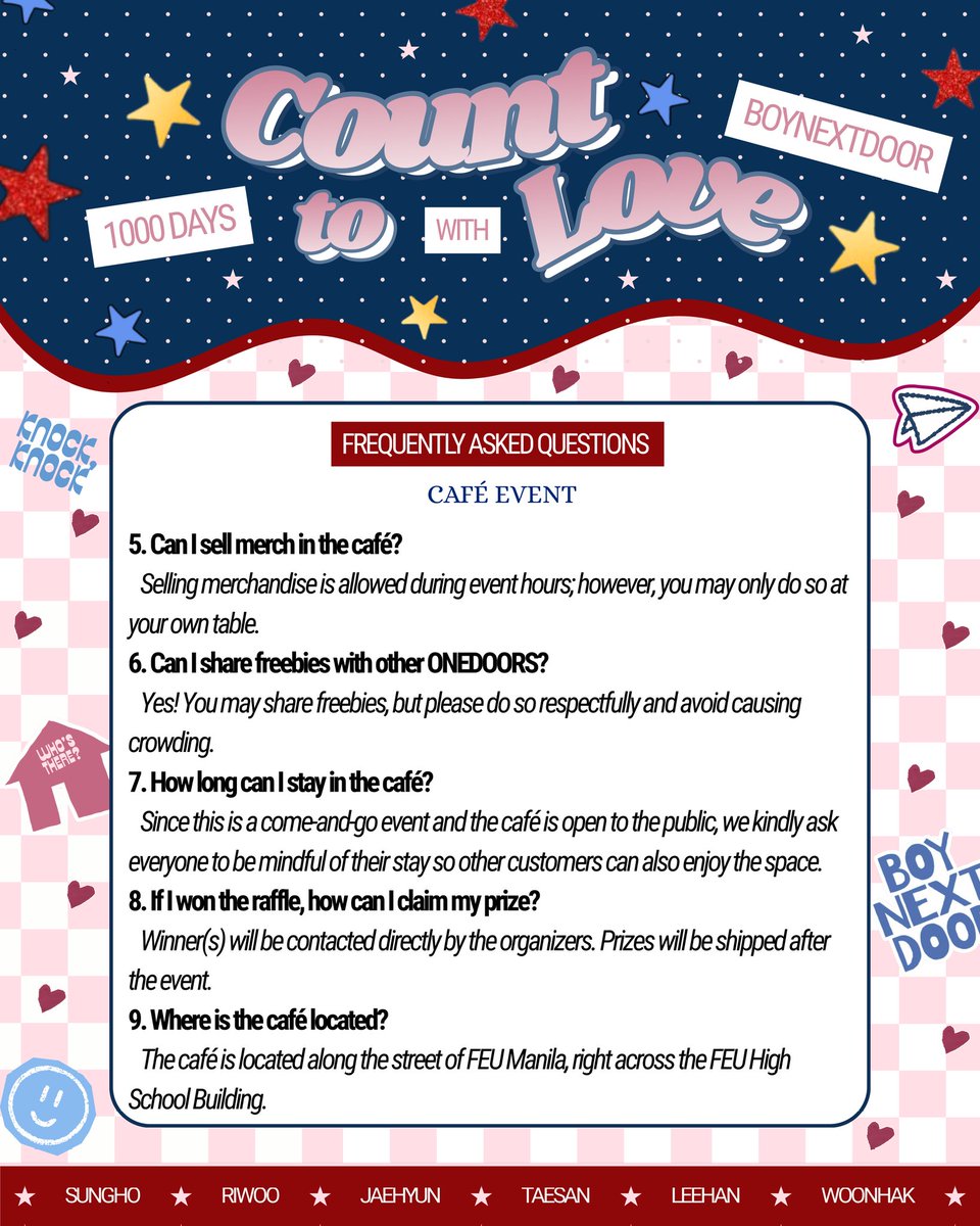 Hey ONEDOORS! Please take a moment to read our Café &amp; Online Event FAQs before sending inquiries. If your concern is not included, feel free to send us a message. 💙🏠

We still have available slots, so you can still pre-register ✨️🫶🏻

🔗 cognitoforms.com/BNDEVENTSPH/Co…

#BOYNEXTDOOR