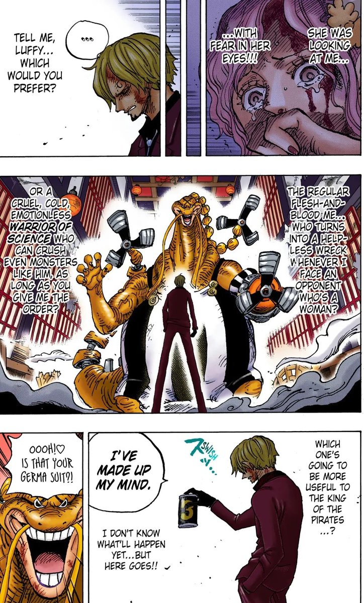 hisashimitsuis's tweet photo. "Tell me luffy, which one do you prefer? Which one is going to be more useful to the king of the pirates?"

Sanji doesn't need toei fillers or "straw hats ranked by loyalty" fan polls the manga will always elevate his character to new heights https://t.co/lmkKiB5Mg2