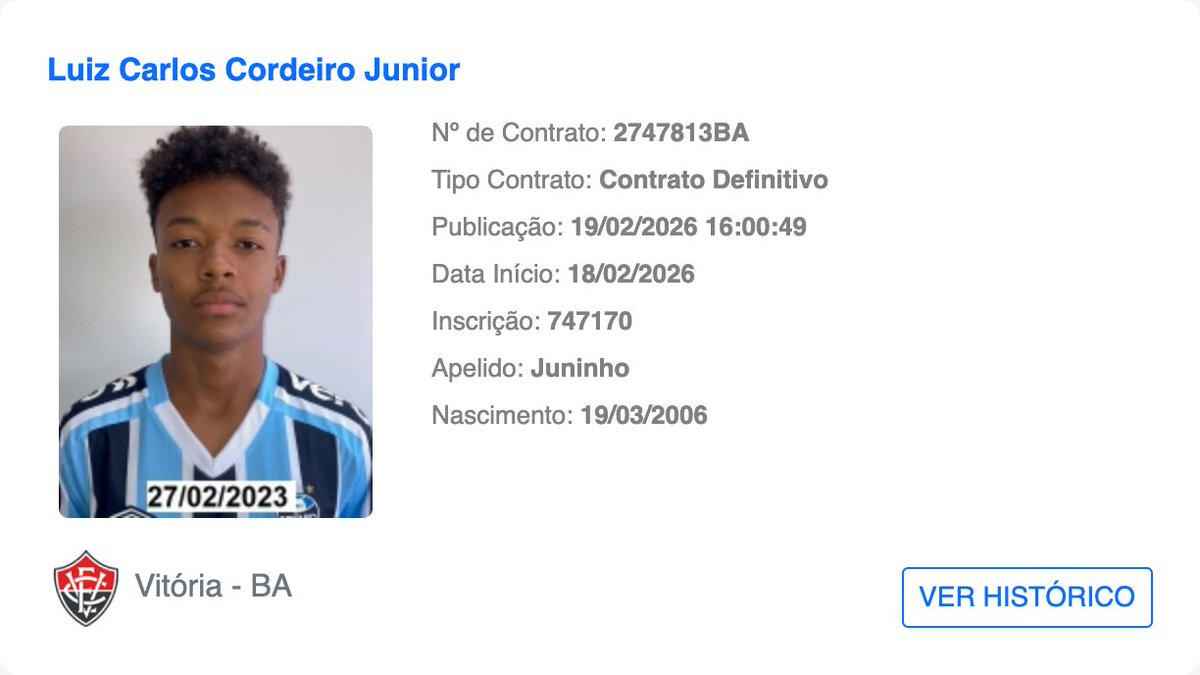 bidDoVitoria's tweet photo. ✍️ Jogador publicado no BID: Juninho
    
📅 Publicado em: 19/02/2026 16:00:49

📝 Tipo de contrato: Contrato Definitivo

🔚 Data de término do contrato: 12/08/2027

#Juninho #BID #ECVitoria https://t.co/woXwYFnzWp