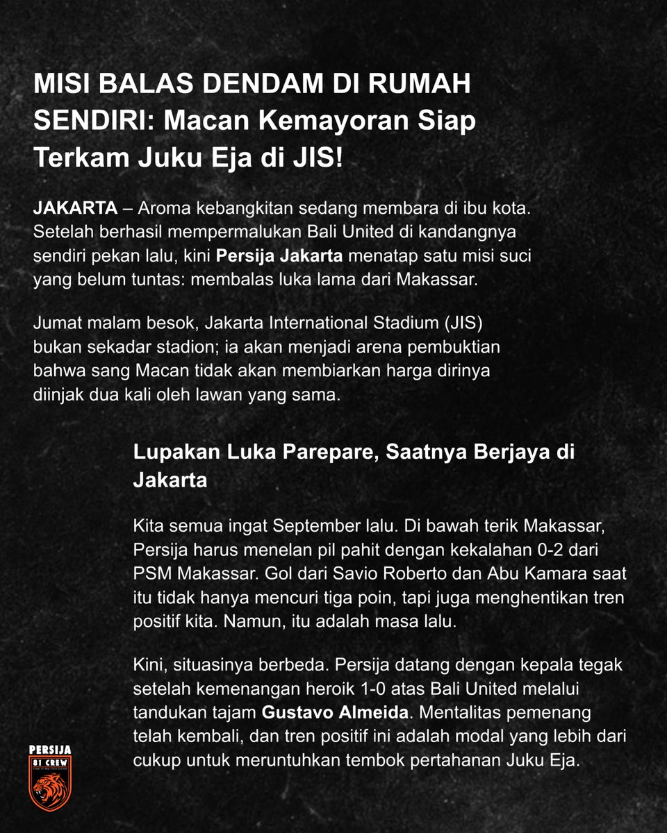 Balaskan dendam itu, ayo menang lagi! <a href="/Persija_Jkt/">Persija Jakarta</a>

#PersijaDay