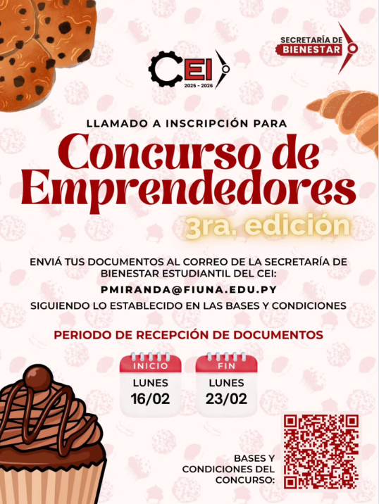 ¿Tenés una idea que puede transformar el futuro? 🛠️ Invitación a los alumnos de la FIUNA a sumarse a la 3ra. Edición del Concurso de Emprendedores

El ecosistema se fortalece con el talento joven. 🇵🇾 Postulá tu proyecto antes del 23 de febrero

 drive.google.com/file/d/1_y6cCg… <a href="/fiunapy/">Fac. Ingeniería UNA</a>