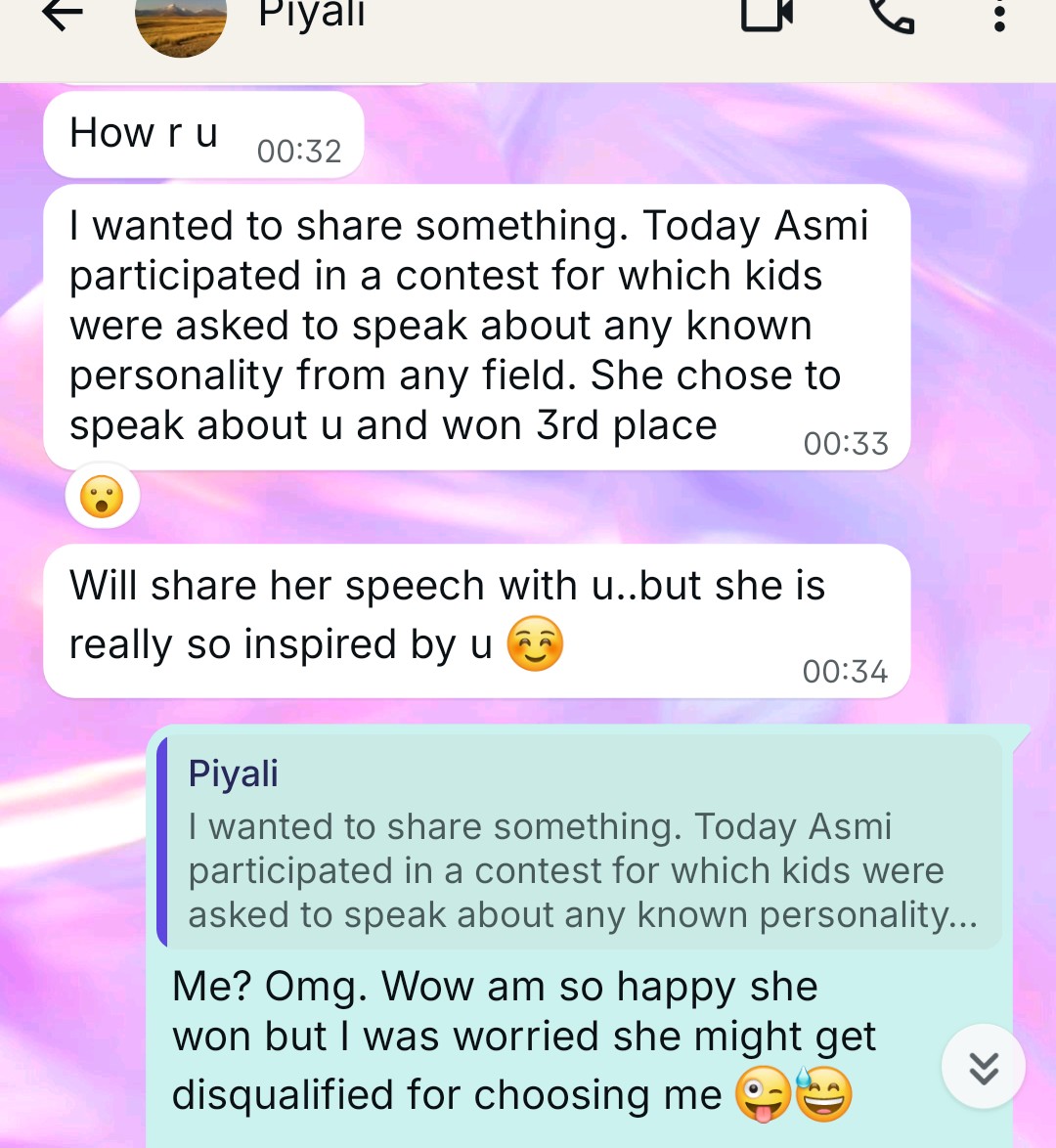 Apparently I am now a “known personality.” 😅 My talented student Asmi participated in an inter-school contest where kids had to speak about an inspiring known personality from any field. She chose me ❤️🥹 And won third place. Touched! But this is also a huge responsibility.