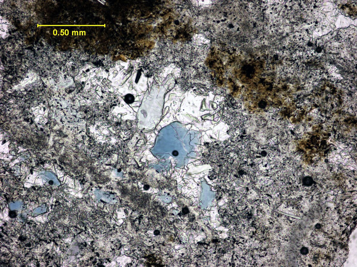 MinSocAm's tweet photo. T.S. Thursday!
Blue Osumilite in an ~9 Ma rhyolite lava from Jackson Hole, Wyoming. Plane polarized light. Mineral confirmation by Raman spectroscopy. Small round black things are bubbles in the epoxy. Contributed by Matt Brueseke.
#thinsectionthursday https://t.co/xZA8MYYIjA