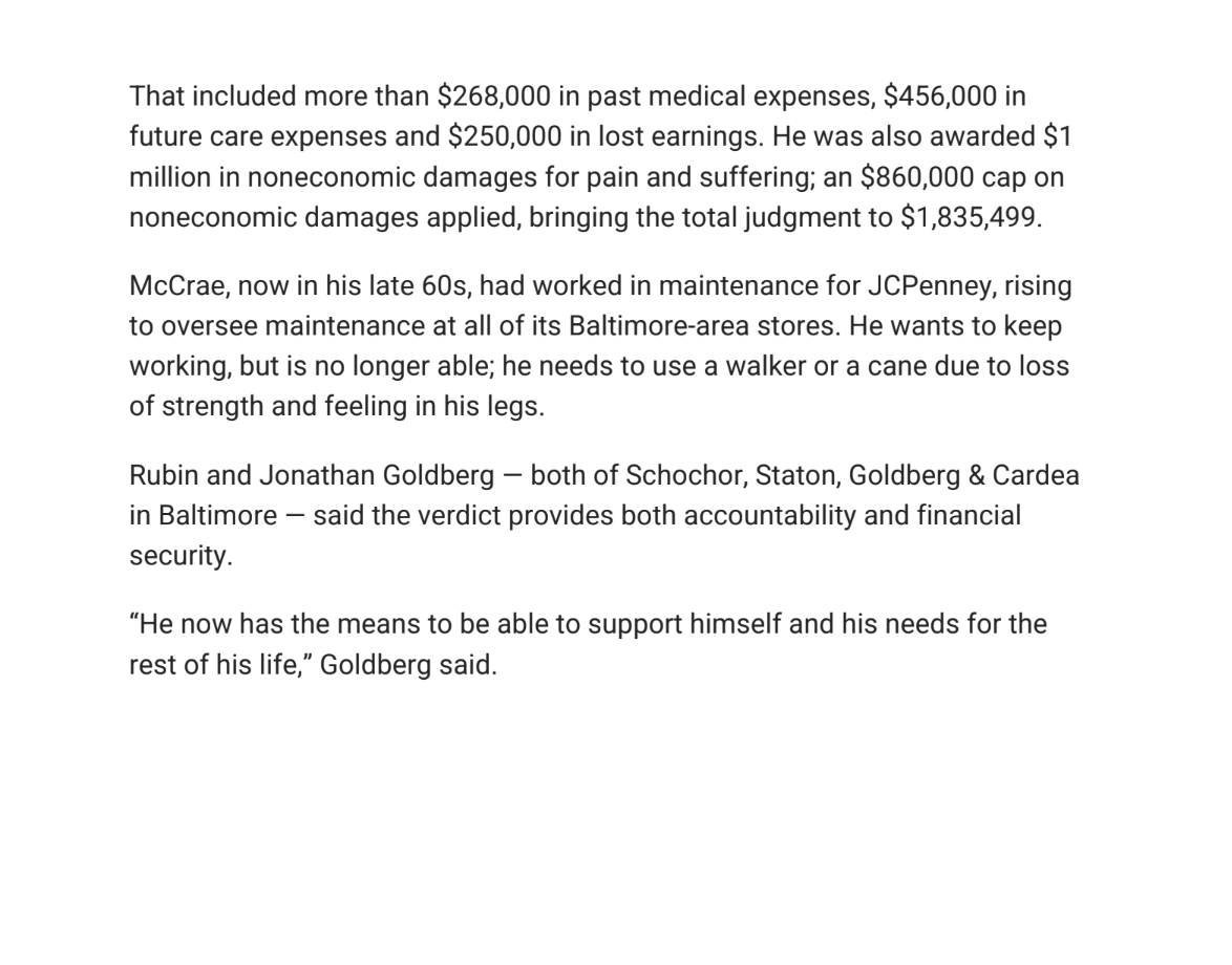 SSGC_Law's tweet photo. A Baltimore County jury recently awarded a nearly $2 million medical malpractice verdict after a patient’s infection was not properly treated following hip replacement surgery. Attorneys Jonathan Goldberg and Michael Rubin who represented the patient on behalf of Schochor, Staton, Goldberg and Cardea discussed the case with The Daily Record and the importance of the verdict in holding negligent healthcare providers accountable.
.
.
.
.
#MedicalMalpractice #MalpracticeVerdict #JuryVerdict #MarylandTrialLawyers #SSGC
