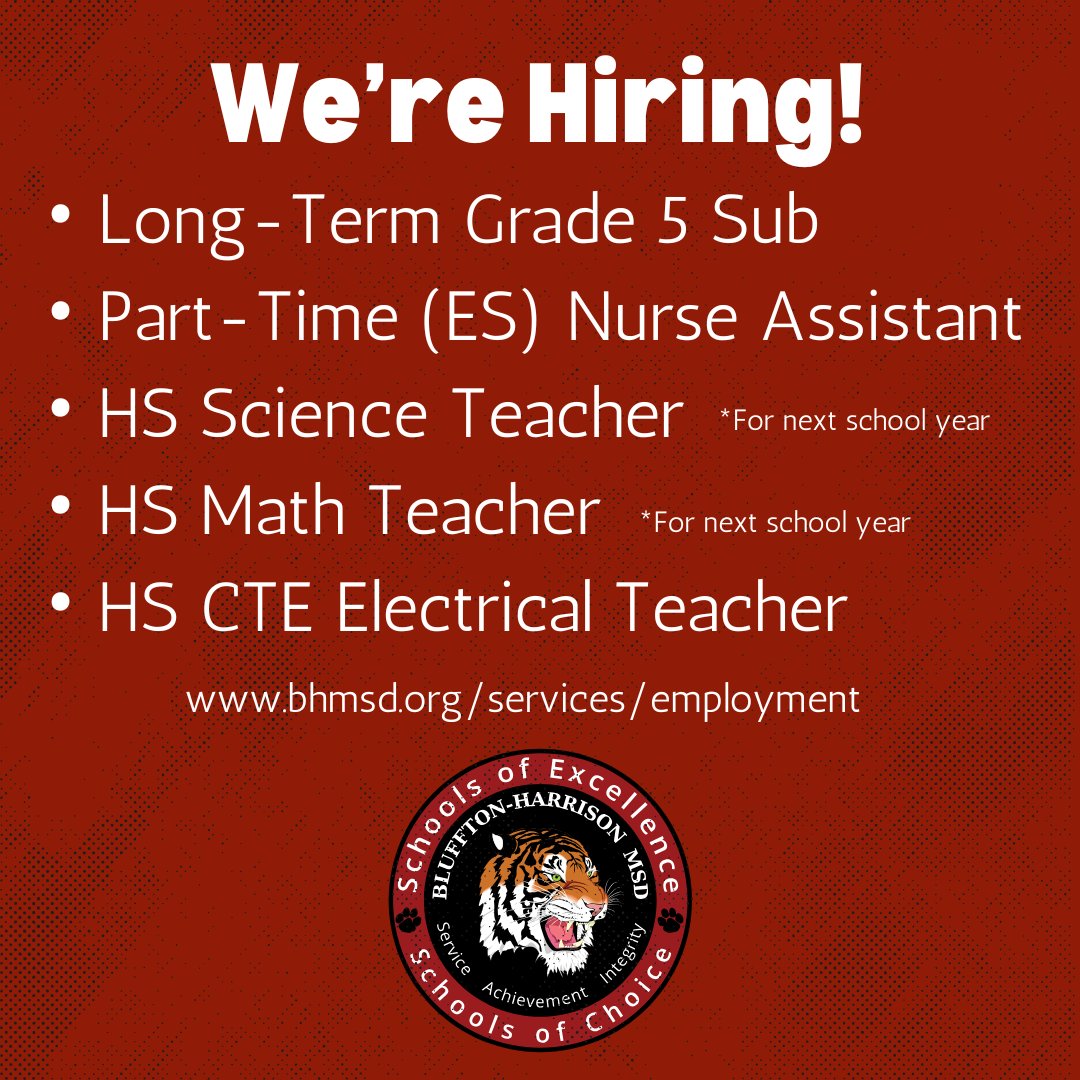 We're Hiring! Join the BHMSD Family! #BHMSD #oneBluffton #EveryMomentMatters