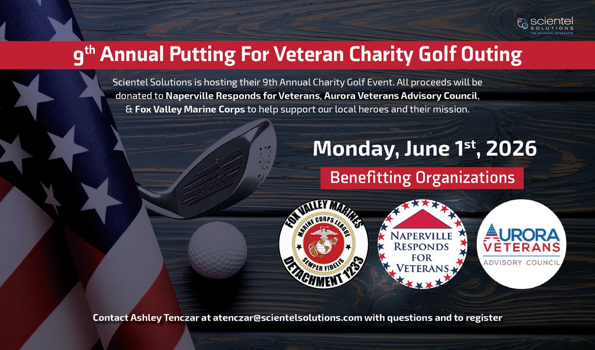 Scientel's 9th annual Charity Golf Event, Putting for Vets, is happening on Monday, June 1st, 2026. 

Secure your spot, today: hubs.la/Q043TfN_0