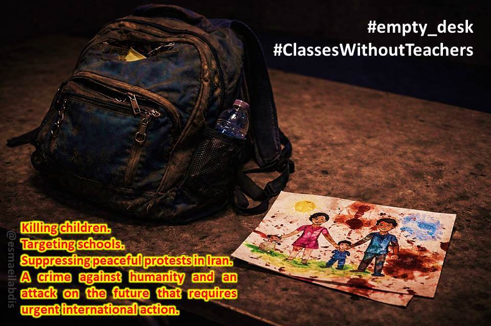Killing children. Targeting schools. Suppressing peaceful protests in Iran. A crime against humanity and an attack on the future that requires urgent international action.
#نیمکتهای_خالی
#کلاسهای_بی_معلم
#empty_desk
#ClassesWithoutTeachers

<a href="/eduint/">Education International</a>
<a href="/save_children/">Save the Children International</a>
<a href="/UNICEF/">UNICEF</a>
<a href="/amnesty/">Amnesty International</a>