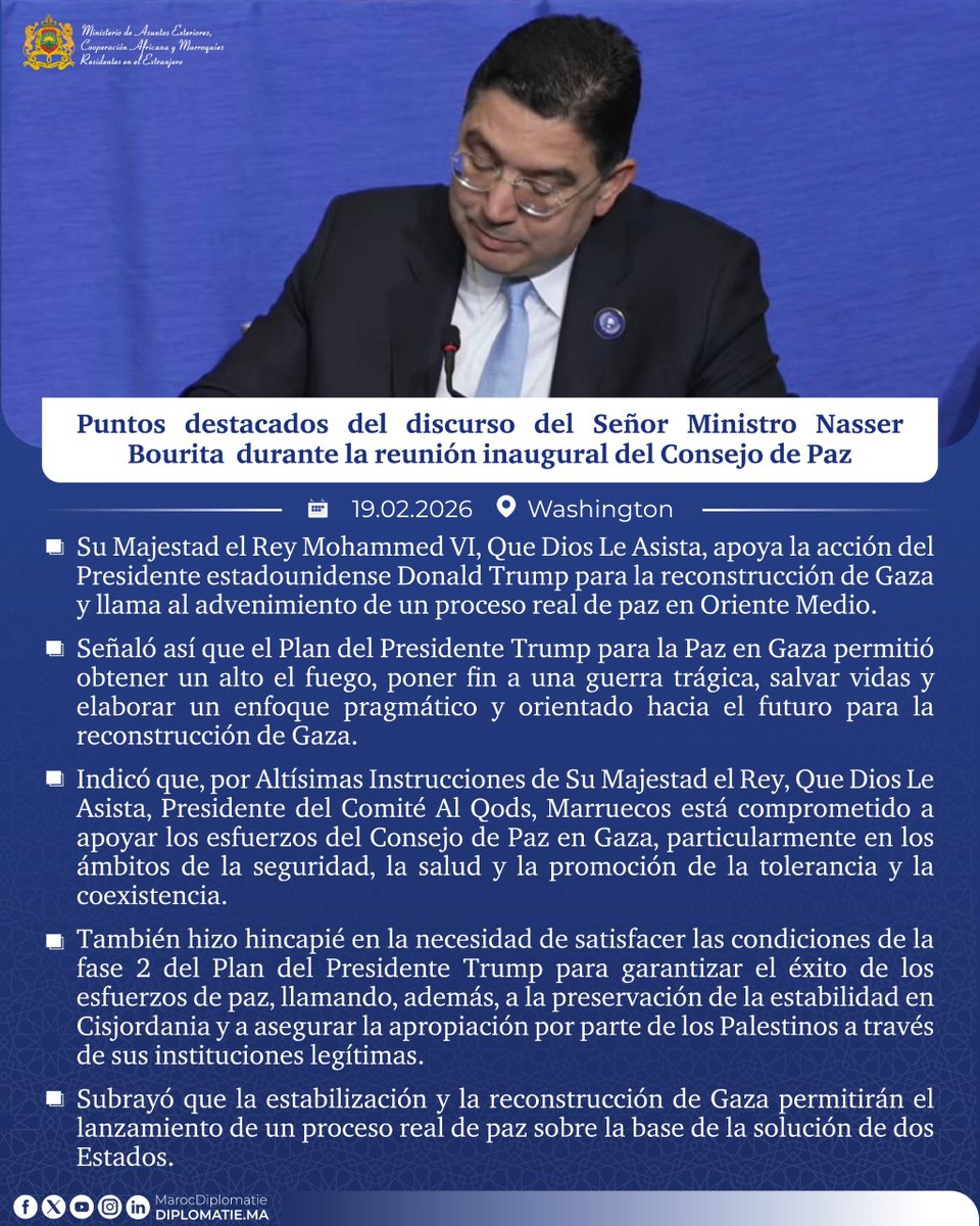 Puntos destacados del discurso del Señor Ministro Nasser Bourita  durante la reunión inaugural del Consejo de Paz
<a href="/BoardOfPeace/">Board of Peace</a>