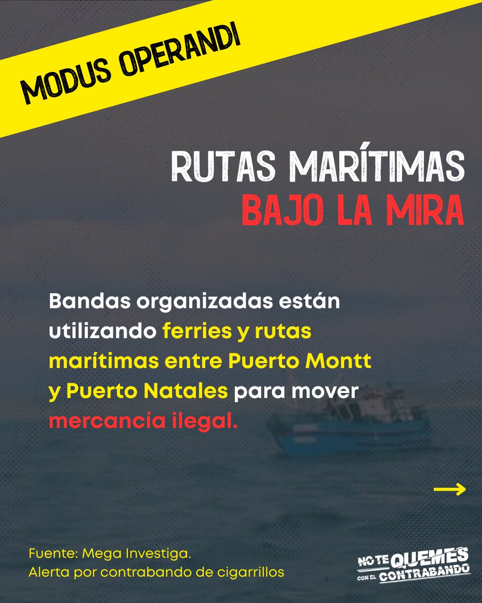 No_TeQuemes's tweet photo. ⚠️La ruta del contrabando: Una nueva puerta. Un reportaje de @meganoticiascl  (Mega Investiga) evidenció que el crimen organizado estaría utilizando rutas marítimas en Magallanes para ingresar cigarrillos ilegales al país. https://t.co/ZQ74FOsn6Q