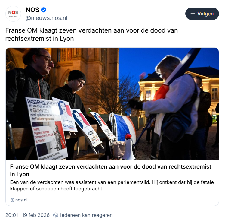 "Franse OM klaagt zeven verdachten aan voor de dood van rechtsextremist in Lyon", kopt de NOS. Voor zover bekend was Quentin #Deranque rechts-conservatief, maar de NOS wil hem blijkbaar postuum belasteren. Dat de verdachten extreem-links zijn ontbreekt daarentegen in de kop. 1/3
