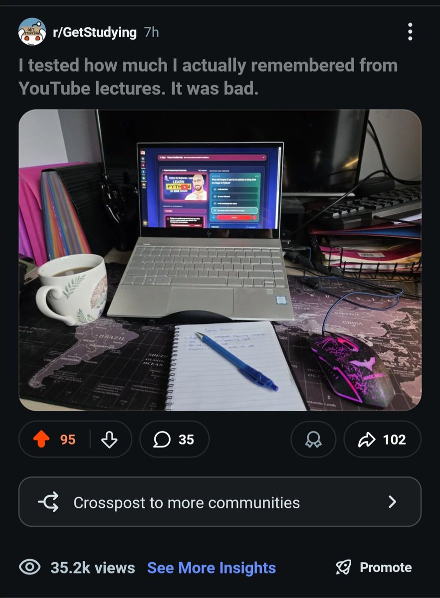 Scott2Dev's tweet photo. Day 32 of building QuizVids 🤔

Today’s Reddit experiment:
✅️ 35,000+ views  
✅️ 95+ upvotes  
✅️ 100+ shares  
✔️ 2 signups
...And a hard lesson 😭

If intent isn’t crystal clear, communities assume the worst.

Even if the product genuinely helps.

I learned:
• Engagement ≠ buying intent  
• Attention ≠ trust  
• Hidden promotion kills goodwill  

The post proved the pain resonates.. but exposed I still have a positioning problem.

Micro SaaS isn’t about going viral. 
It’s about finding the right 100 people, not the loudest 30,000.

Tomorrow:
• Defining the specific audience more clearly 
• Building features that deeply serve that use case

We're learning slowly... but surely 😅
