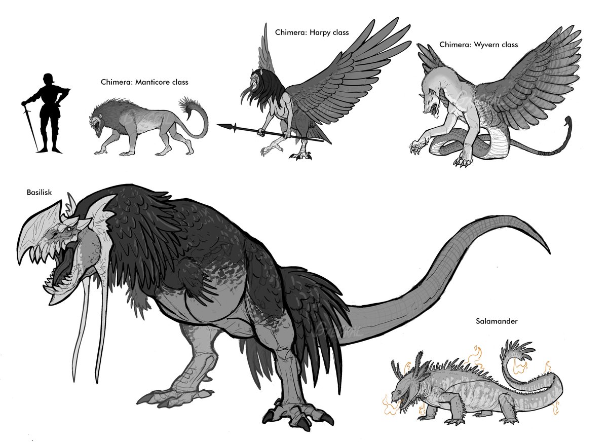 Some creatures I've been working on for my fantasy setting 
On one hand, there are chimeras, artificial hybrids created through magic for different purposes, from guarding to military use, and on the other hand, there is a basilisk and a salamander.