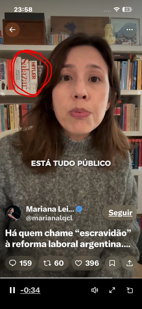 A <a href="/marianalqcl/">Mariana Leitão</a> resolveu fazer um vídeo a defender a reforma laboral do seu amigo <a href="/JMilei/">Javier Milei</a> está a promover na Argentina.
Deixo a curiosidade do cenário. Nas suas costas, estantes de livros, 2 em grande destaque com a inscrição “Salazar” e “Hitler”. Curioso, só.