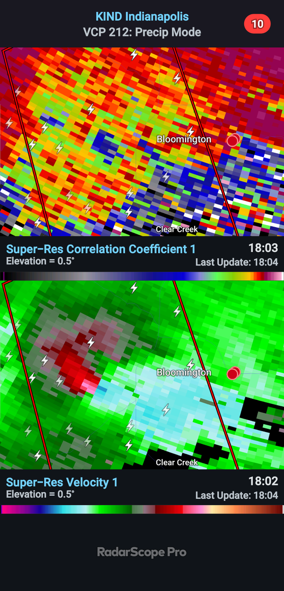 DJP_wx's tweet photo. Terrible situation unfolding in Bloomington, IN this evening. Hopefully this tornado lifts soon. https://t.co/S6cAn18xzT