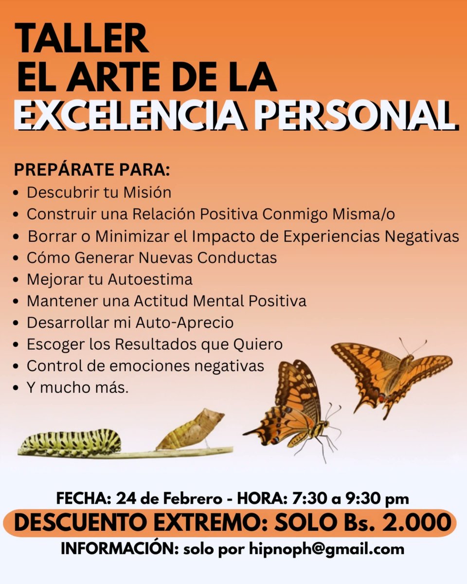 ¿Sientes que estás estancado en la misma etapa?

​Es hora de dejar atrás las experiencias negativas y construir la versión de ti que siempre has querido. Únete al taller "El Arte de la Excelencia Personal"

​🗓 24 de Febrero
Precio especial: Bs. 2.000!
 Info: hipnoph@gmail.com