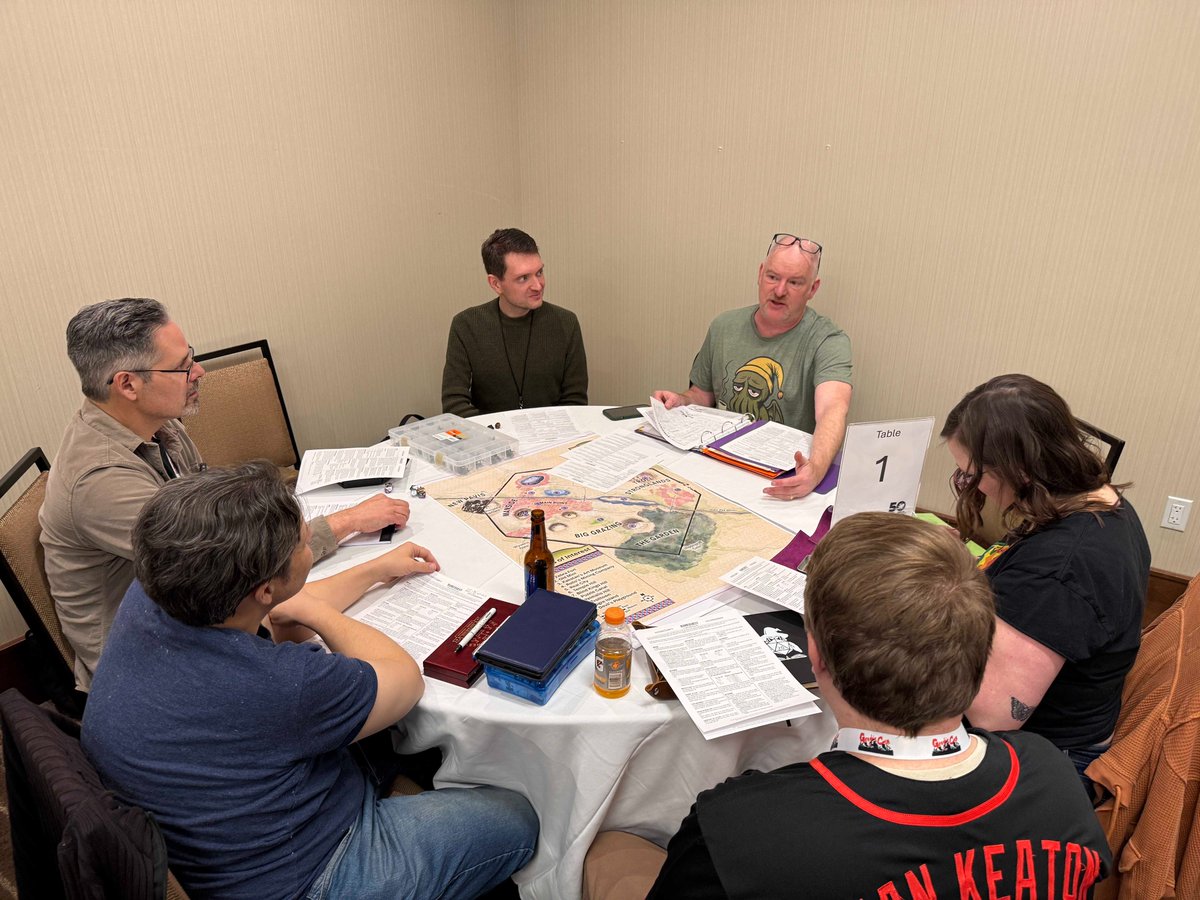 Chaosium_Inc's tweet photo. We're at #GenghisCon in Denver CO ๐บ๐ธ โ many games of RuneQuest, Call of Cthulhu, Rivers of London, Pendragon, BRP, and Age of Vikings already underway!
And we're excited to have artist John Sumrow, whose works grace many Chaosium products, joining us at the Chaosium Booth! https://t.co/sjW6pDkky9