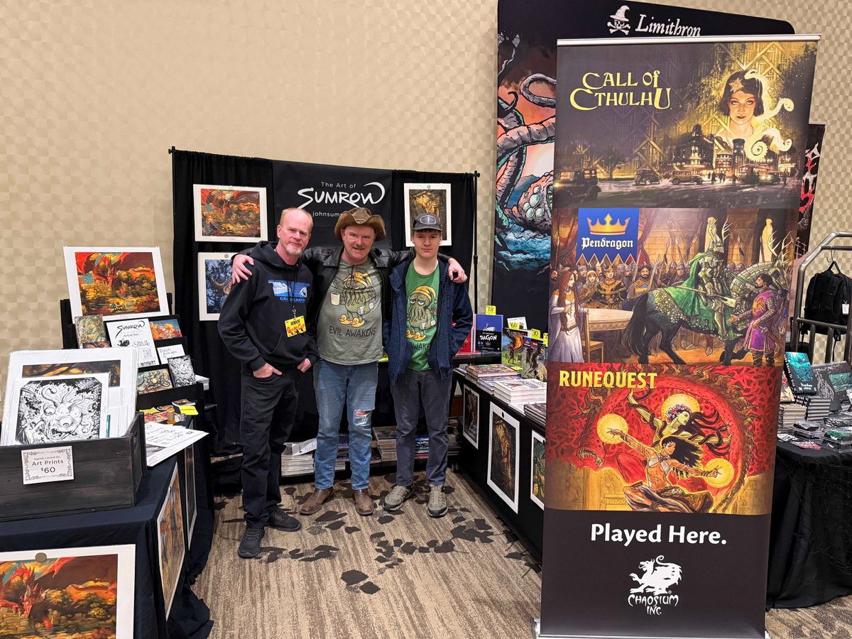 Chaosium_Inc's tweet photo. We're at #GenghisCon in Denver CO ๐บ๐ธ โ many games of RuneQuest, Call of Cthulhu, Rivers of London, Pendragon, BRP, and Age of Vikings already underway!
And we're excited to have artist John Sumrow, whose works grace many Chaosium products, joining us at the Chaosium Booth! https://t.co/sjW6pDkky9
