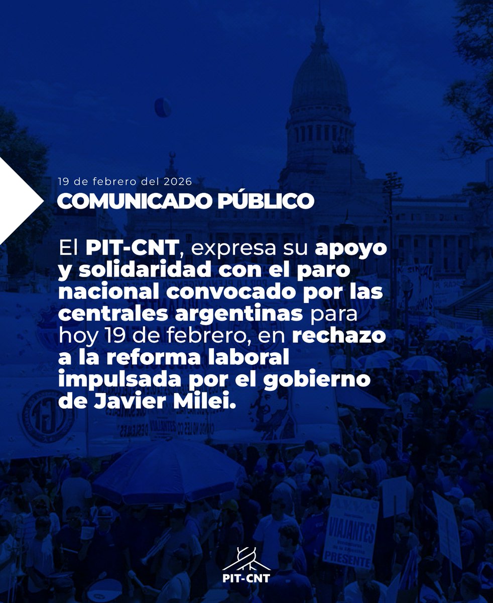 📣 COMUNICADO PÚBLICO: 

🇦🇷 Solidaridad con el pueblo argentino ante la reforma laboral del gobierno de Javier Milei 🇦🇷

¡VIVA LA UNIDAD LATINOAMERICANA!