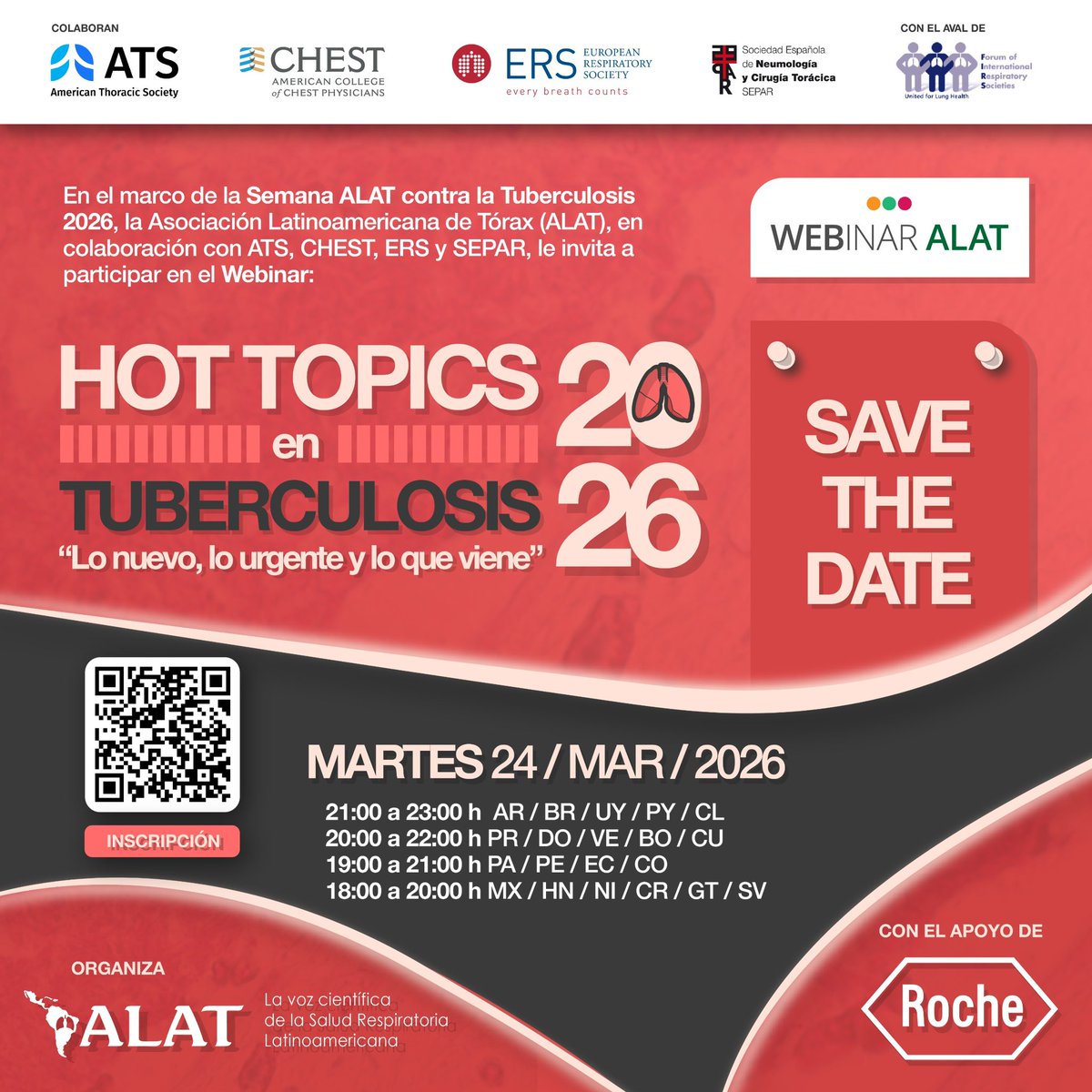 ALATorax's tweet photo. 🔥 HOT TOPICS en Tuberculosis 2026
Lo nuevo, lo urgente y lo que viene.

📅 24 marzo 2026
🌎 Webinar ALAT en colaboración con ATS, CHEST, ERS y SEPAR.

Inscríbete 👉 https://t.co/wMqCrhoPPb

#ALAT2026 #Tuberculosis https://t.co/ia2izPPLvU