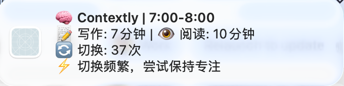 MaiYangAI's tweet photo. I received an on-call notification at 7:43 AM and turned on my computer. Then, around 8:10 AM, I received a contextly app's report.

7 minutes of writing and 10 minutes of reading, with 37 context switches.

#contextly #focus #contextswitch #locktime https://t.co/IFfXd70Vva