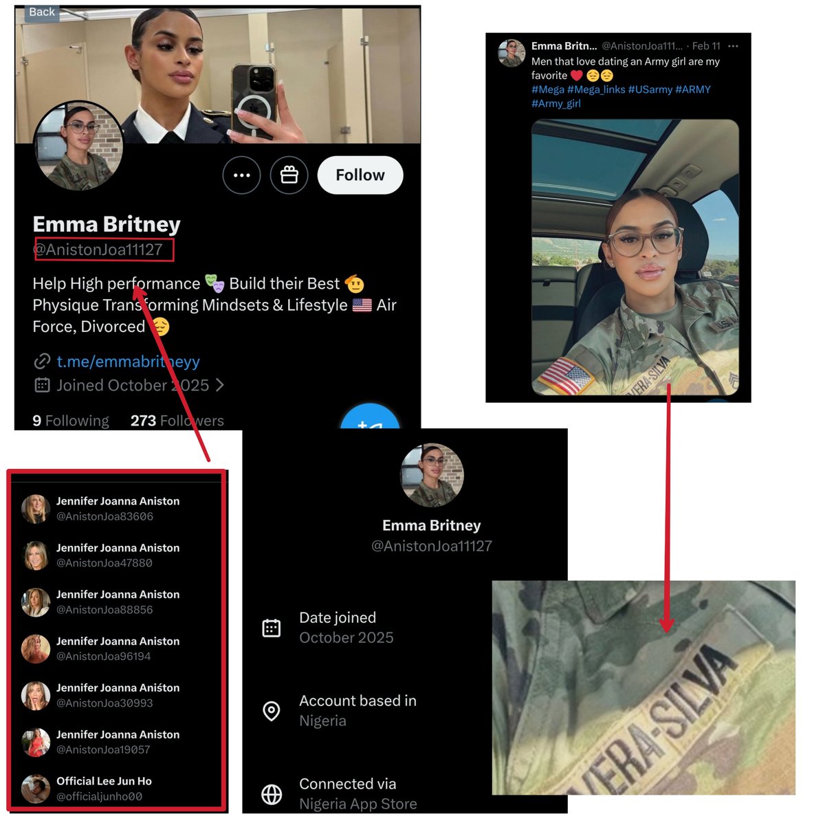 🚨STOLEN VALOR ALERT🚨

Acct from Nigeria. Using stolen pics.  Acct handle doesn't match. Acct likely started as a Jennifer Aniston account.  Name on soldier's uniform different than username.

<a href="/AnistonJoa11127/">Emma Britney</a>