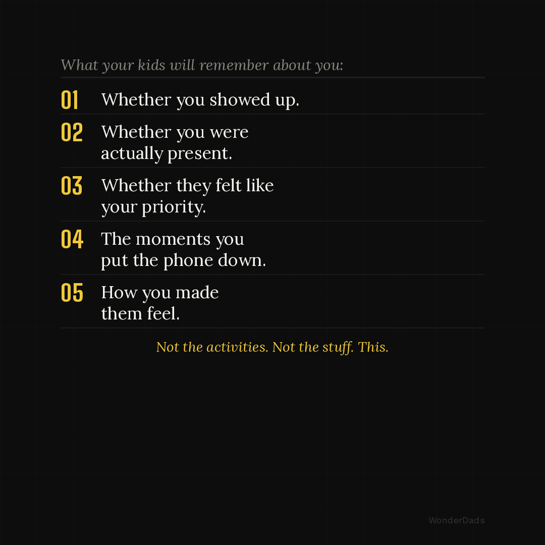 Are you the dad they'll remember? Most dads mean well. Very few are intentional. Answer 5 honest questions and find out whether you're building the kind of memories your kids will carry for life.

Link in bio → free 4-minute assessment at quiz.wonderdads.com