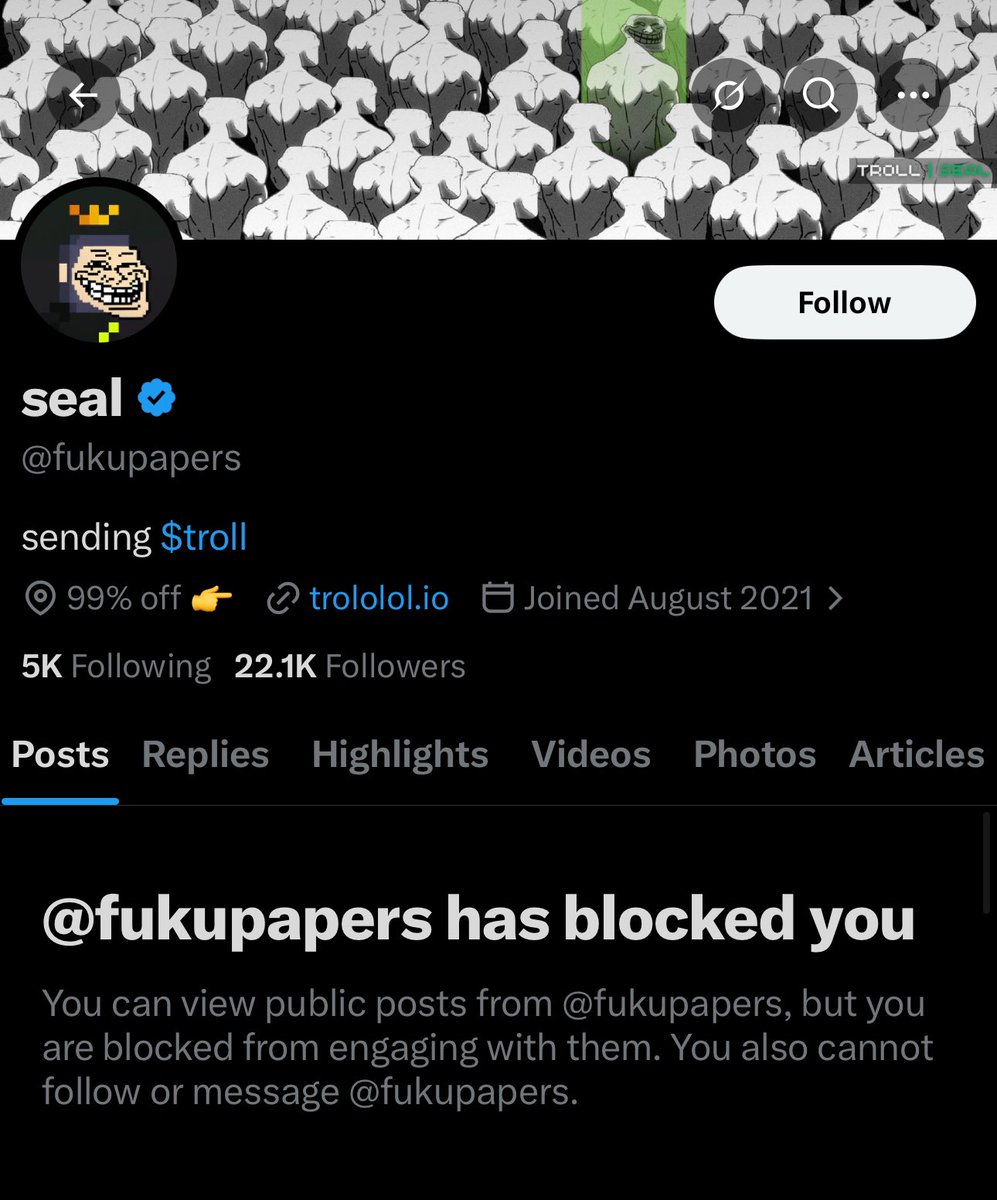 LMAO 😂

This guy is a joke bros, blocking community members for asking where the creator fees go.

If the budget is clean, why not make it public? 

$TROLL IS A BILLION-DOLLAR MEME.

It’s time to assemble a billion-dollar team. 

END THE LARPMAXXING.