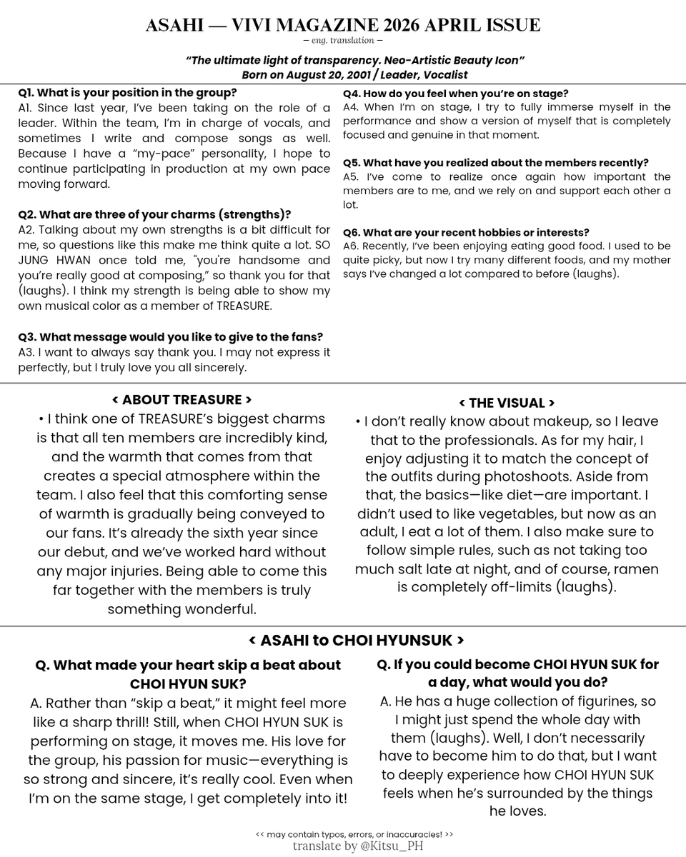 ASAHI — Vivi Magazine 2026 April Issue full interview <eng. translation> 📝🤍

#TREASURE #트레저 #ASAHI #아사히