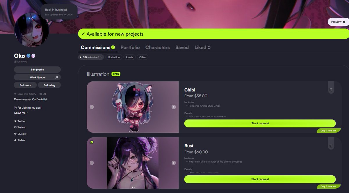 Comms open once again! 2 slots per each thing at the moment to manage my workload but I'm trying to get some monies to get myself a birthday present since its coming up lol. Also to build my savings back up but...birthmas gift too enticing

RTs appreciated!