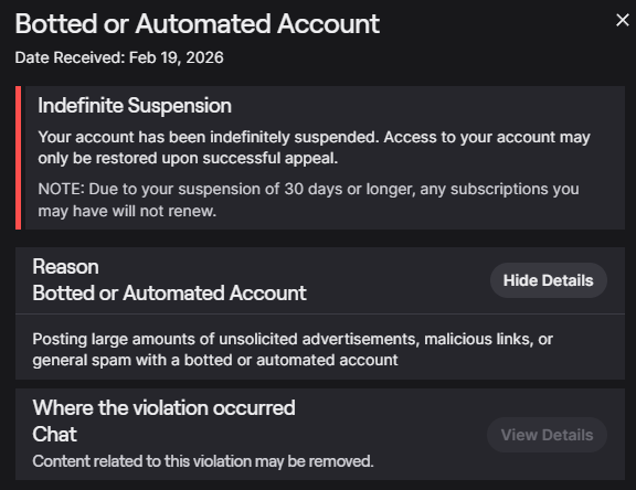 AHORA RESULTA QUE MI CUENTA DE TWITCH ES UNA CUENTA BOT QUE VA DEJANDO LINKS EN LOS DIRECTOS, BANNEADO INDEFINIDAMENTE ASDJASDJASD