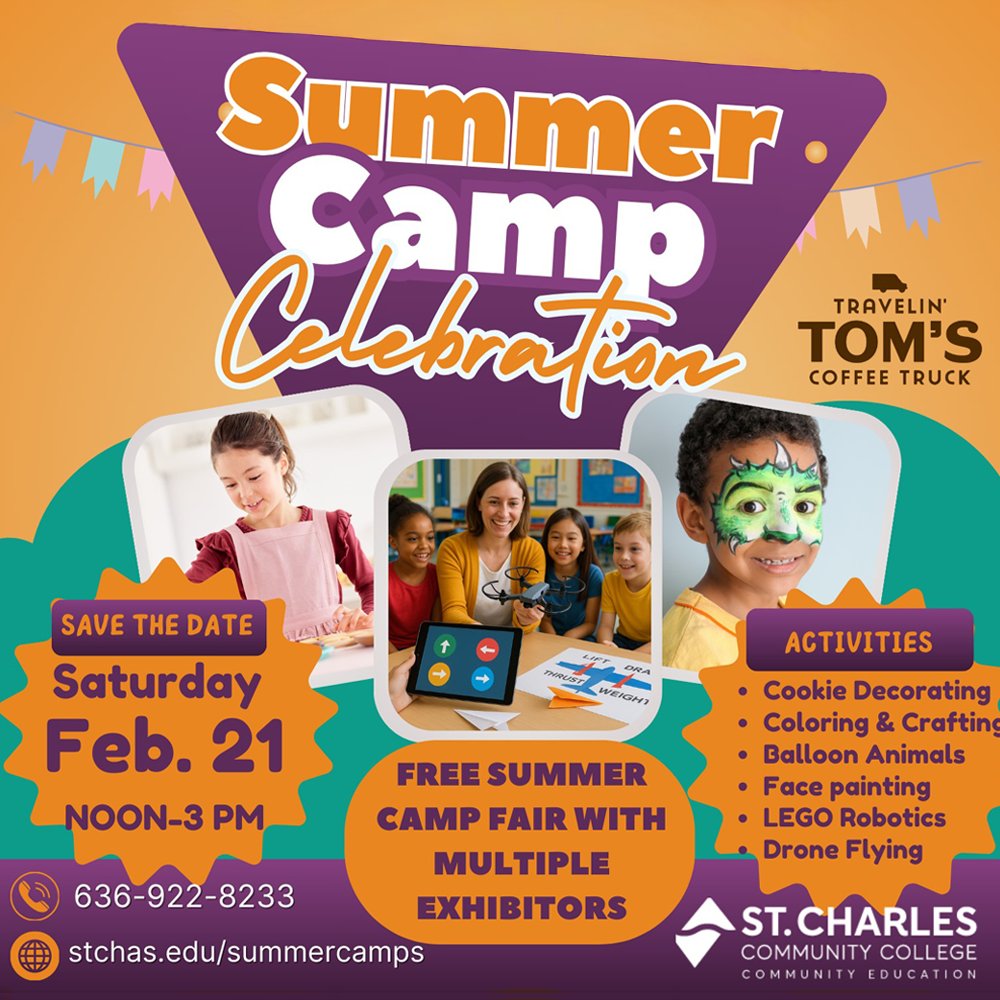 Come see us this Saturday Feb. 21 and sign up for camp! 🎪 St. Charles Community College Main Campus - 4601 Mid Rivers Mall Drive, Cottleville, Recreation Center #SCCSummerCamps #SummerStartsHere