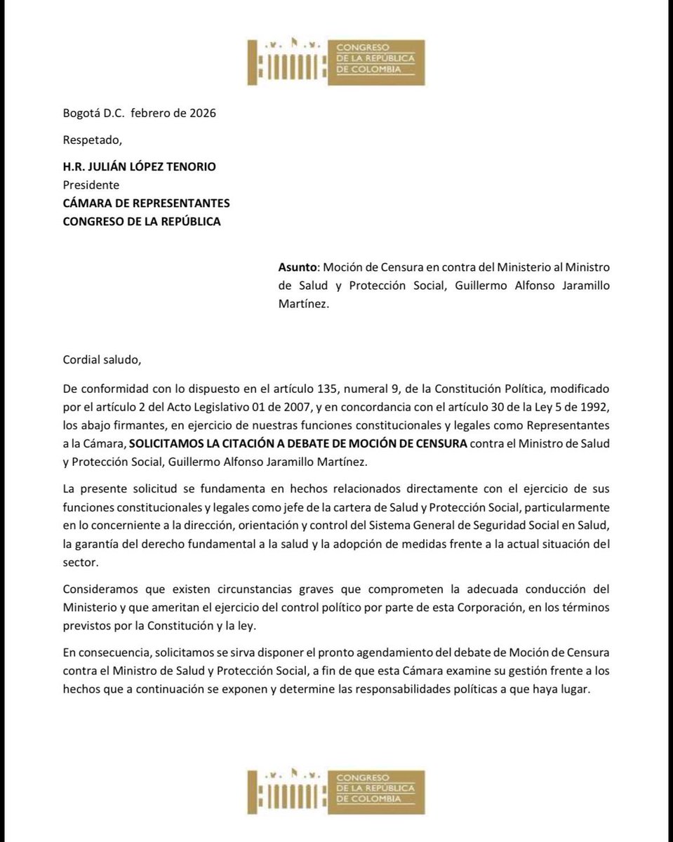 JenniferPedraz's tweet image. 🚨Radicamos Moción de Censura para retirar de su cargo a @GA_Jaramillo @MinSaludCol 🚨 por su actitud displicente e inoperante ante la grave crisis en el sistema de salud y en el acceso a medicamentos. Invito a Representantes a acompañarme y a la ciudadanía a respaldar con su