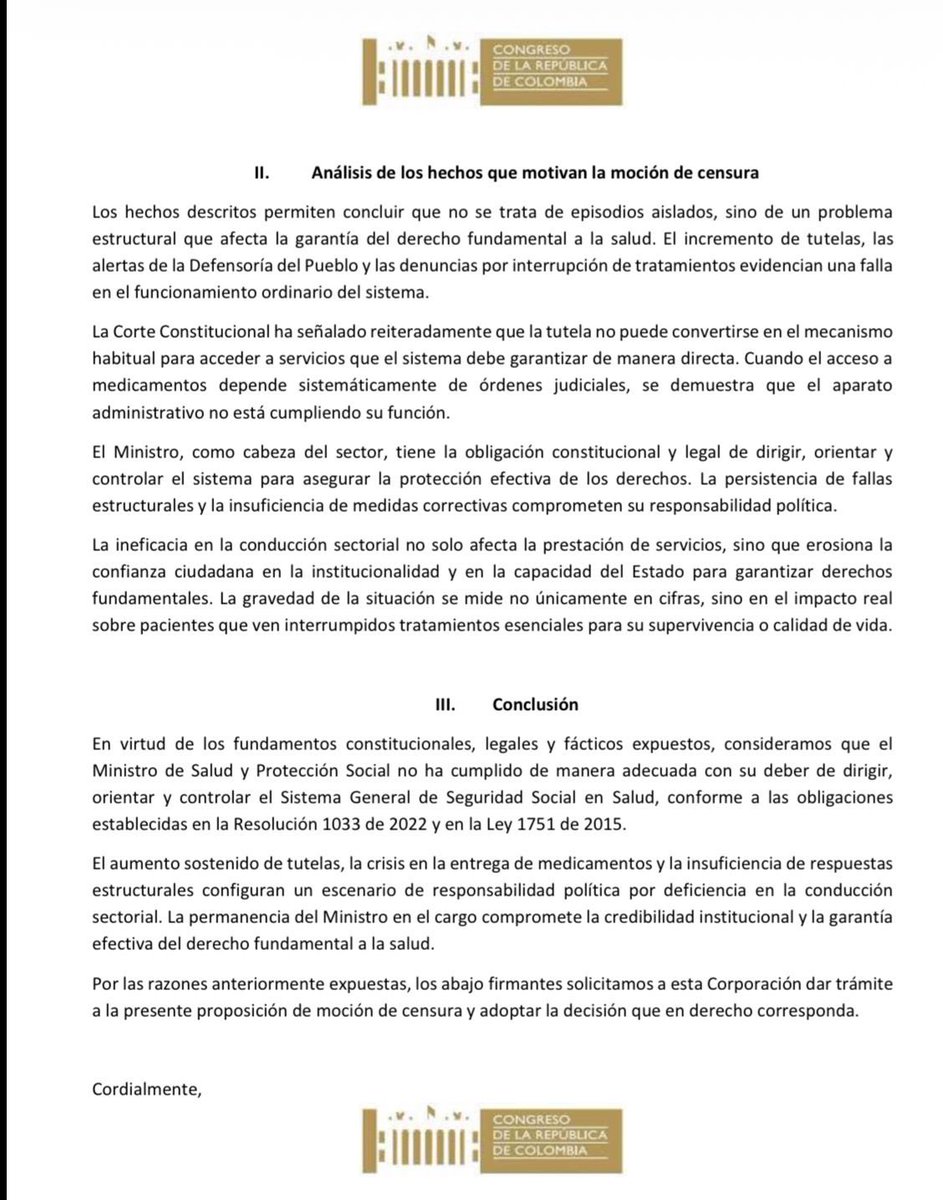 JenniferPedraz's tweet image. 🚨Radicamos Moción de Censura para retirar de su cargo a @GA_Jaramillo @MinSaludCol 🚨 por su actitud displicente e inoperante ante la grave crisis en el sistema de salud y en el acceso a medicamentos. Invito a Representantes a acompañarme y a la ciudadanía a respaldar con su