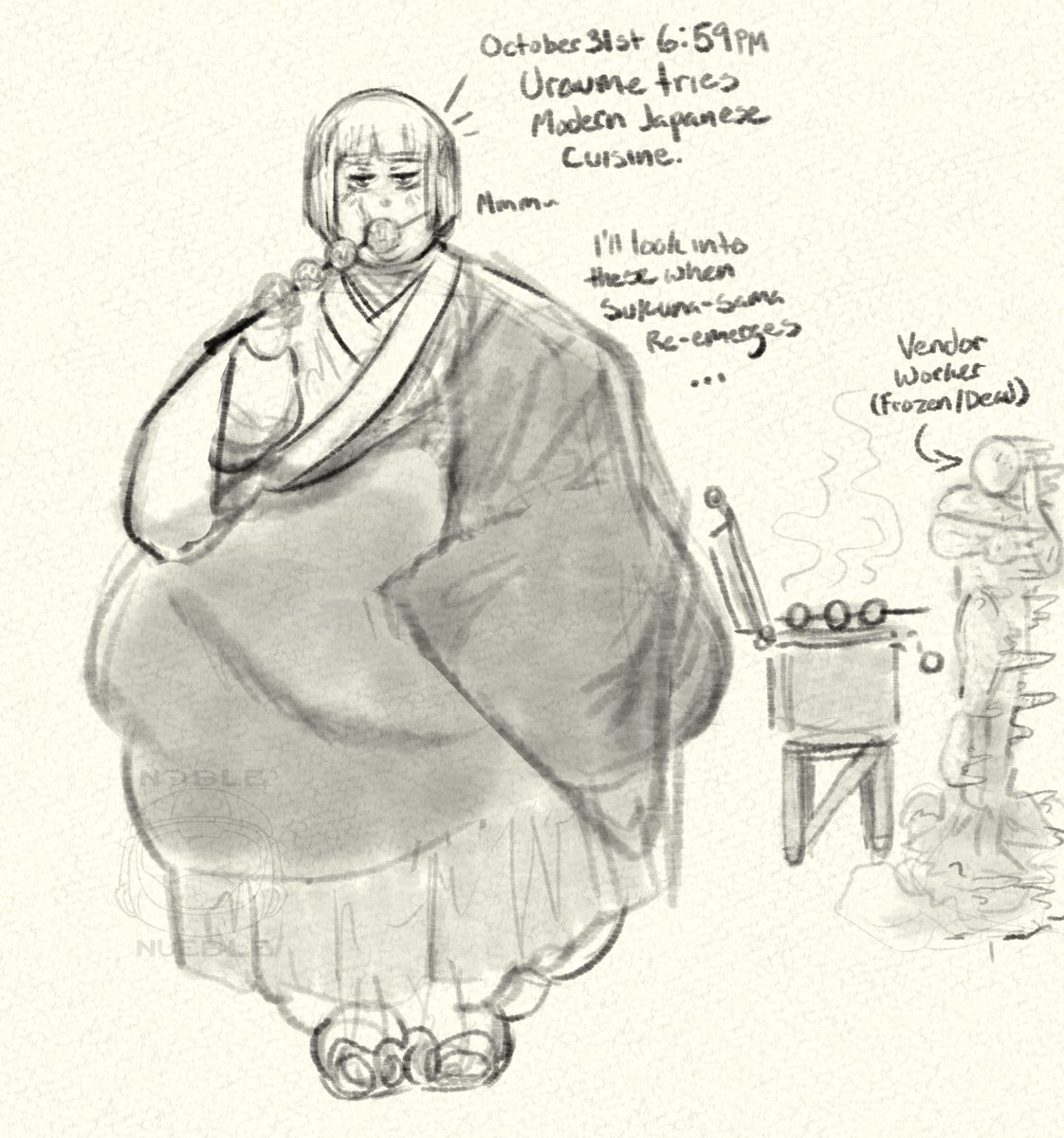 Some more JJK sketches I did after the Kirara.

Utahime diagram of how she works as a Jujustu Sorcerer &amp; what Uraume was doing right before the Shibuya Incident.