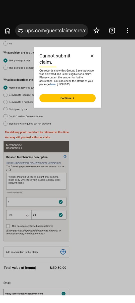 TuesdaysTanner's tweet photo. @Help_UPSdm cool how "marked as delivered but isn't" is an option for making a claim, but the claim can't actually be filed because the record shows it as delivered. Delivery person don't take a picture of the drop off. I can't find any way to contact you that works. https://t.co/dv4ldegC9R