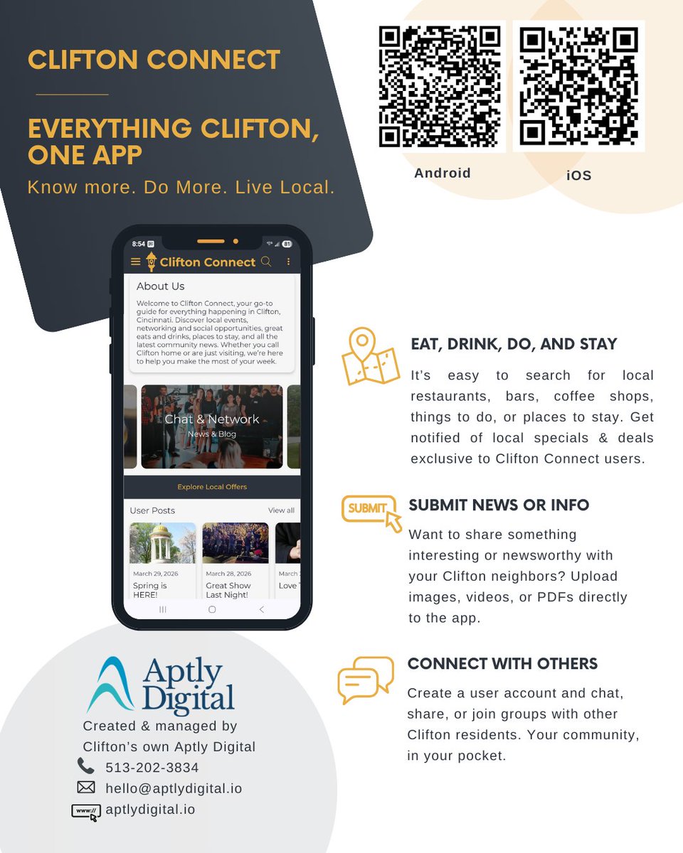 We’re officially teasing the release of Clifton Connect! From local perks to real-time neighbor chats, we’re bringing the 45220 together.

🚀 Launching April 1st 
✨ Beta Testing NOW!

Scan the QR codes below to join the beta.

#CliftonConnect #CincyTech #45220 #Clifton