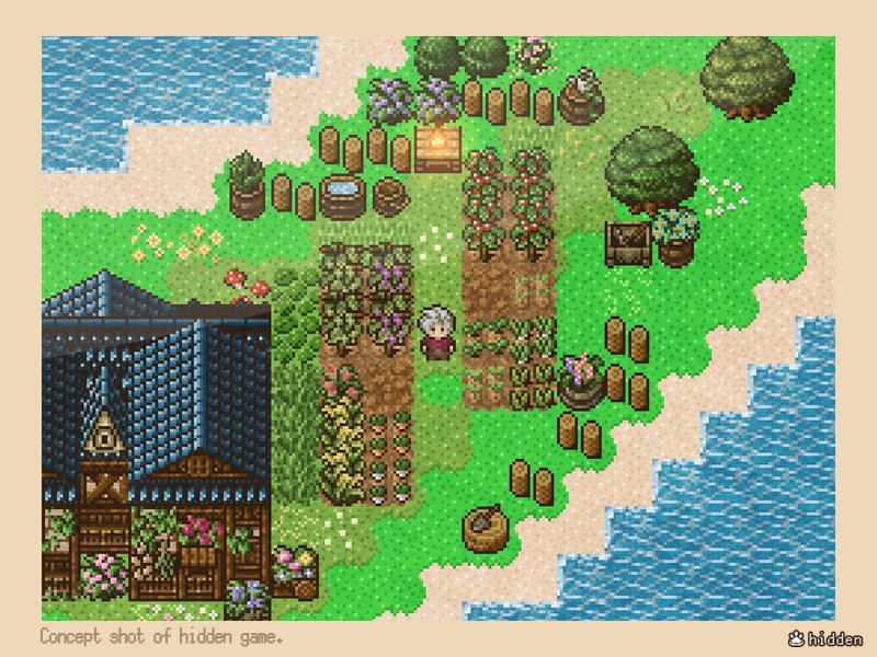 ＜#Lunfolion 制作中＞#ゲーム制作
レトロ風 × 探索と発見の RPG 🌱
島の薬草師の庭。
畑の手入れの様子なども考えながら
農具や桶なども配置します。
より絵がレトロ寄りだった当初の想定より
水辺が近くなってしまったので
調整するかどうか検討中です。
絵的には浜辺が爽やかで好きだったりします。