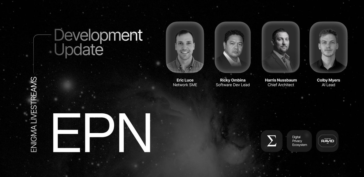 We're excited to host another exciting Development Update Livestream. 

February 20th @ 4:15 PM EST

The stream will cover:
• Recent progress and status updates on the Enigma Private Network developments
• Beta Testing announcement 
• Additional insights and commentary from