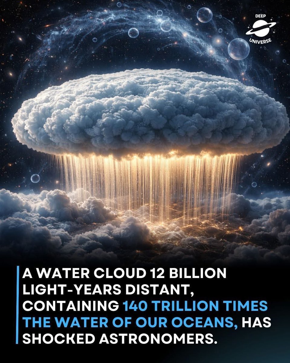 DivineRags's tweet image. A cosmic ocean exists where no human has ever sailed. Astronomers have detected a water cloud 12 billion light-years away, holding an astonishing 140 trillion times the water in all of Earth’s oceans combined.

#DeepUniverse #DistantWaterCloud #AstronomyDiscovery #CosmicMystery