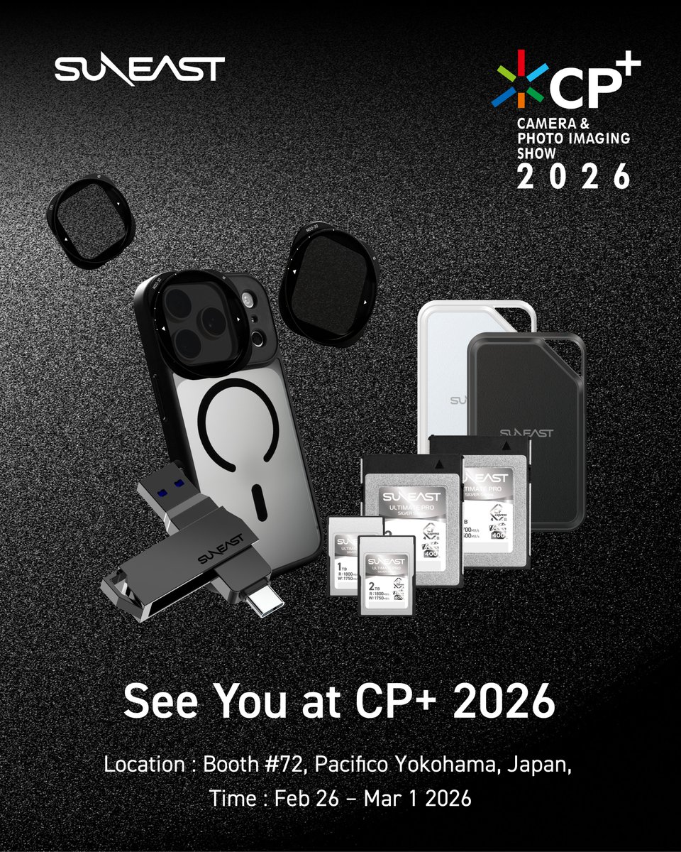 SUNEAST_GLOBAL's tweet photo. See you at CP+ 2026.

SUNEAST will be at Booth #72,
introducing advanced storage solutions
for creators, filmmakers, and mobile production.

📍 Pacifico Yokohama, Japan
 🗓  Feb 26 – Mar 1, 2026

🔗 Details: https://t.co/6lpEc7cwty

#CPPlus2026 #CPPlus #SUNEAST #SUNEASTmemory #Photography #Filmmaking