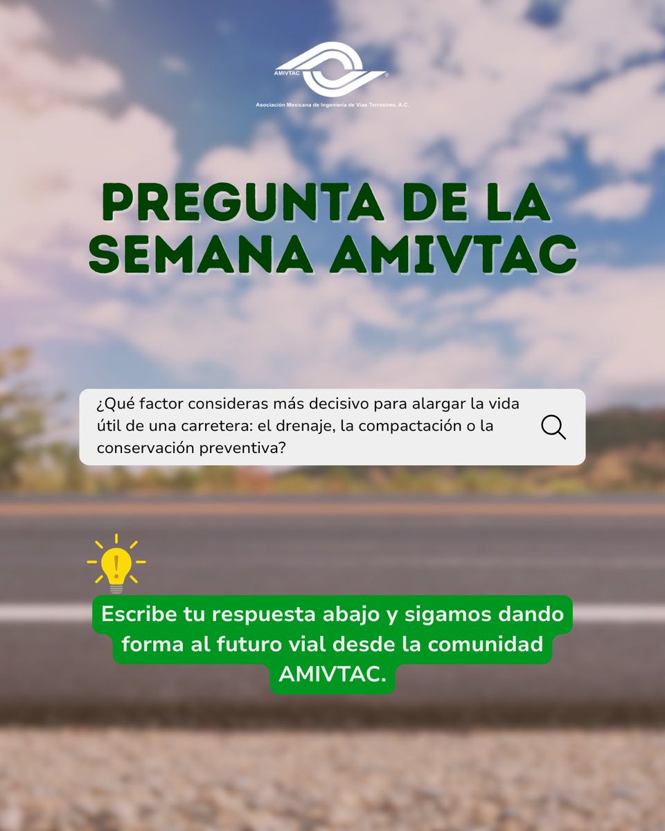 La conservación vial evoluciona cada año… y tu experiencia cuenta.
¿Qué factor es más decisivo para alargar la vida útil de una carretera: drenaje, compactación o conservación preventiva?
👀 Te leemos.
👇 Participa en AMIVTAC.
#AMIVTAC #IngenieríaVial #Infraestructura