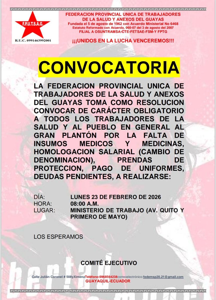 Trabajadores de <a href="/Salud_Ec/">Ministerio de Salud Pública 🇪🇨</a> se preparan para movilizarse!
La #salud es un derecho fundamental no se mendiga.
<a href="/mjpintoec/">María José Pinto 🇪🇨 Ecuador</a> 
<a href="/MinTrabajoEc/">Ministerio del Trabajo Ecuador 🇪🇨</a>
<a href="/EcuavisaInforma/">Ecuavisa Noticias</a>
<a href="/teleamazonasec/">Teleamazonas</a> 
<a href="/EcEnDirecto/">Ecuador En Directo</a>
<a href="/LaDefensaEc/">LaDefensa</a> 
<a href="/bessygranjaOK/">Bessy Granja Barriga</a> 
<a href="/RTSEcuador/">RTS</a> 
<a href="/Expresoec/">Diario Expreso</a>
Gráficos Nacionales S.A hasta la victoria .