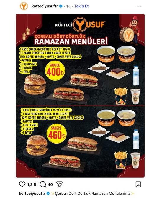 Bir işkembe çorbası bile 500 TL iken, 
Köfteci Yusuf bu yıl iftar menüsünün 400 TL olacağını açıklandı.

Ticaret Bakanlığı bu adama ödül vermeli.