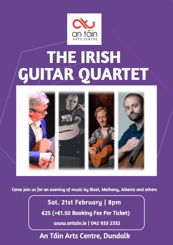 JCD2's tweet photo. AN TÁIN ARTS CENTRE
Crowe Street, Dundalk, Co. Louth
SATURDAY FEBRUARY 21st @ 8.00pm
The Irish.
Jerry Creedon, David Keating , Aengus Kirakowski are joined by new member, Redmond O’Toole on the 8 string Brahms guitar. in a great programme of music for 4 guitars. https://t.co/3GCx6X8ZwN