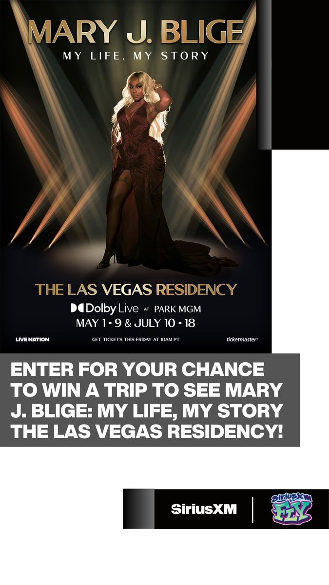 SiriusXMFLY's tweet photo. @SIRIUSXM is giving one lucky subscriber the chance to win a trip for two to see Mary J. Blige: My Life, My Story The Las Vegas Residency! Visit https://t.co/i1AzJeAdXD
#sweepstakes #sweepstakesentry https://t.co/nogE3snQRG