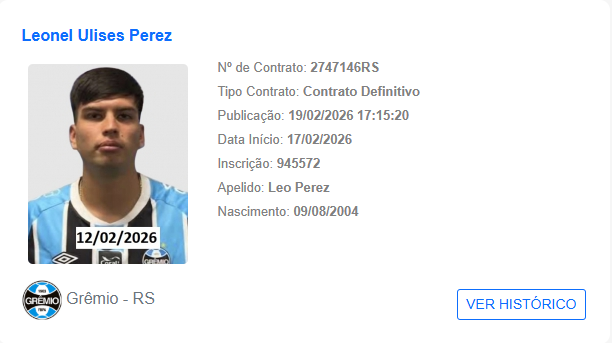 #Grêmio l BIDOU!

O volante Leonel Pérez foi oficialmente registrado no BID da CBF.

Sua estreia deve ser diante do Atlético-MG, no dia 25, às 21h30, na Arena, pela 4ª rodada do Brasileirão.