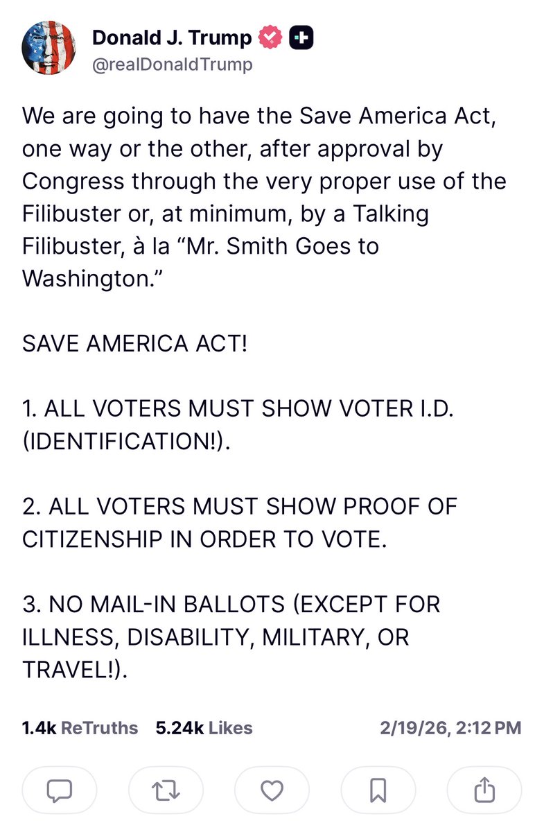 BREAKING: Trump is on board with forcing Democrats to do a real, actual talking filibuster to pass the SAVE Act and secure our elections! Great news.