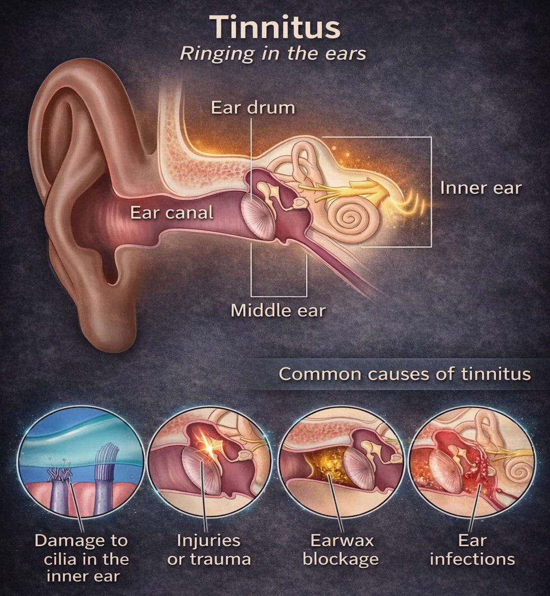 BarbaraOneillAU's tweet image. This visual illustrates how tinnitus—often experienced as ringing in the ears—relates to different parts of the ear, including the ear canal, eardrum, middle ear, and inner ear. It also highlights common contributing factors such as inner-ear cilia damage, injury or trauma,