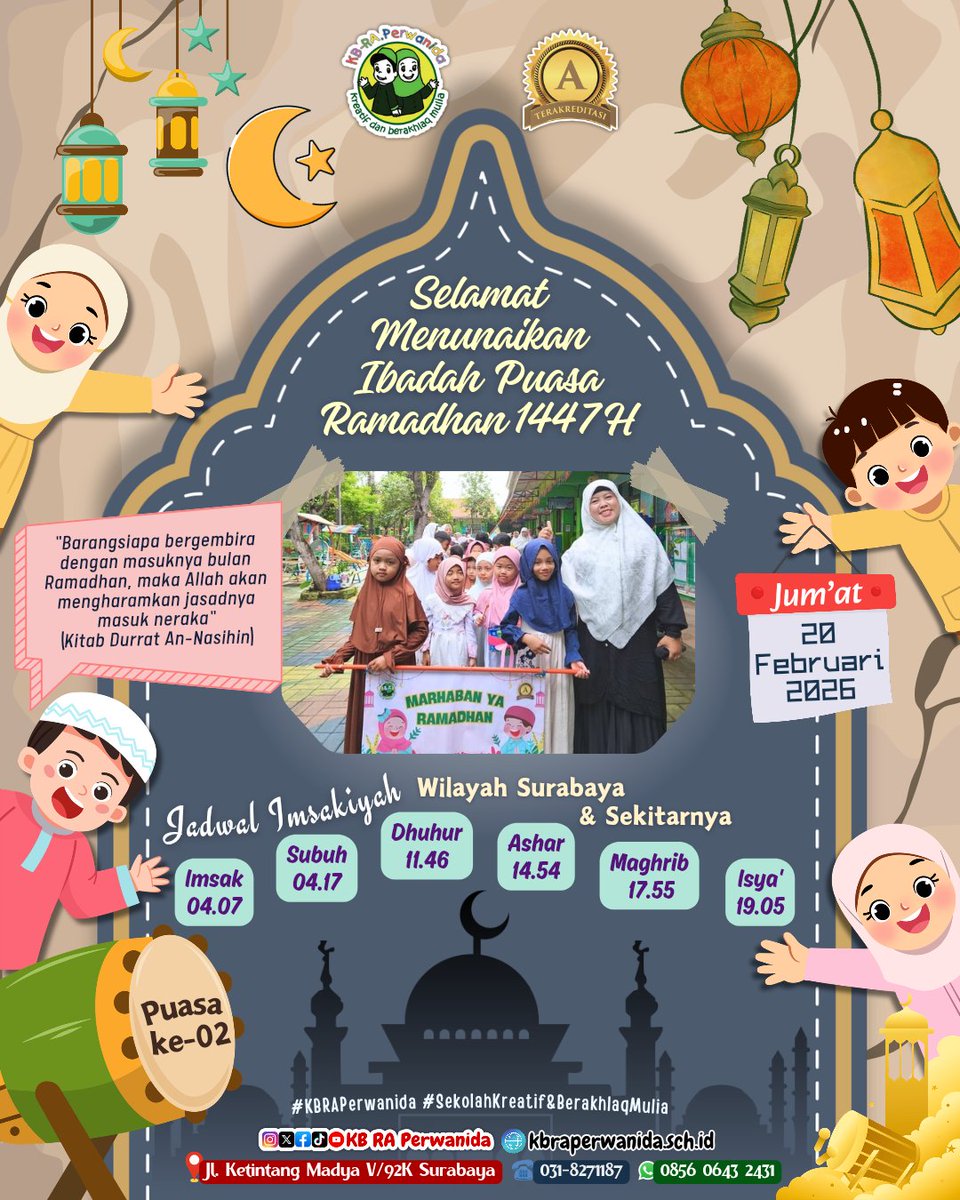 Bismillahirrahmanirrahim
Memasuki puasa hari kedua , tetap semangat ya teman-teman puasanya

Yuk kita sambut Ramadhan dengan hati gembira agar dipermudah dalam menjalankan Ibadah Puasa. Aamiin

#KBRAPerwanida #Ramadhan #MarhabanyaRamadhan #PuasaKedua #Ramadhan1447H