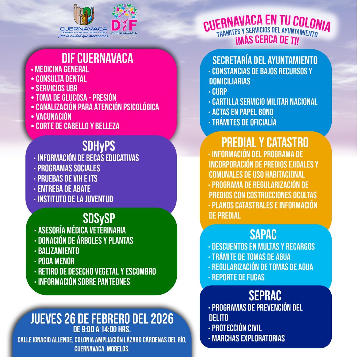 #ATENCION 📣❗️#Cuernavaca en tu Colonia, llega a la Ampliación Lázaro Cárdenas

✅ Más de 30 servicios disponibles para ti y tu familia.
📍Calle Ignacio Allende 
📅 Jueves 26 de febrero 2026
🕘 De 9:00 a 14:00 horas

#PorLaCiudadQueMerecemos #DIFCuernavaca